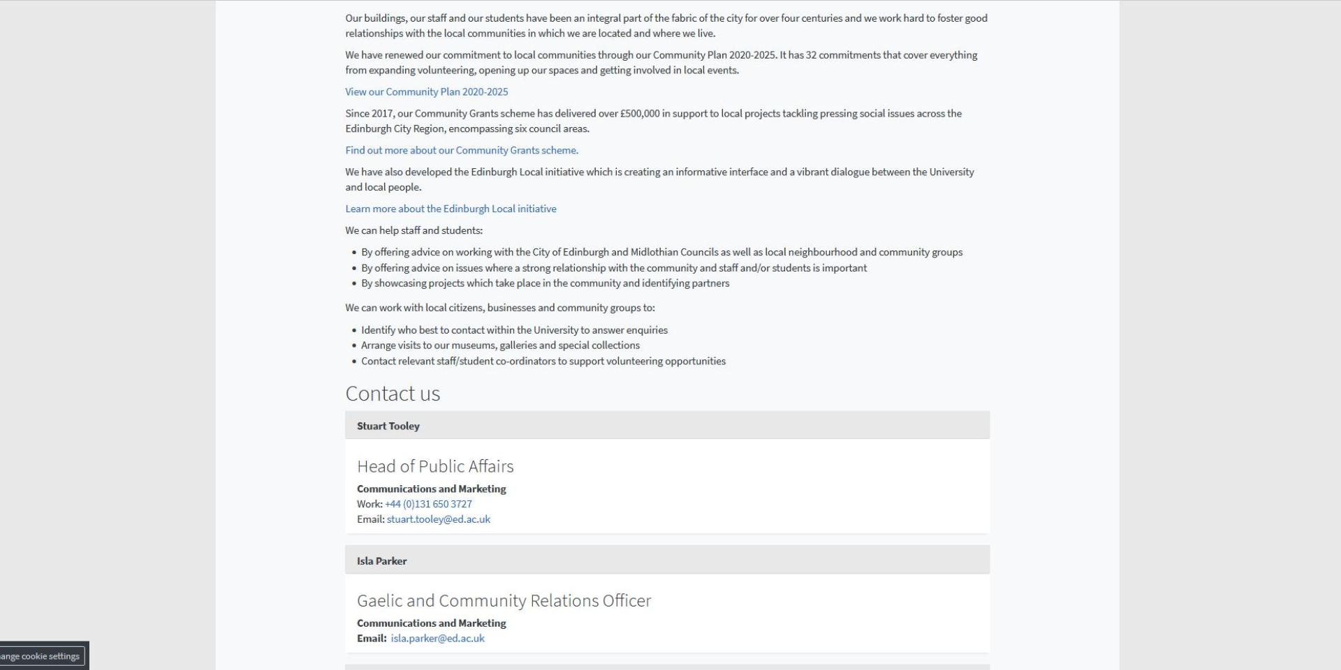 A screenshot of a generic content page with text, bullet point lists, blue links formatted correctly on their own line, and light grey feature boxes detailing staff contact details.