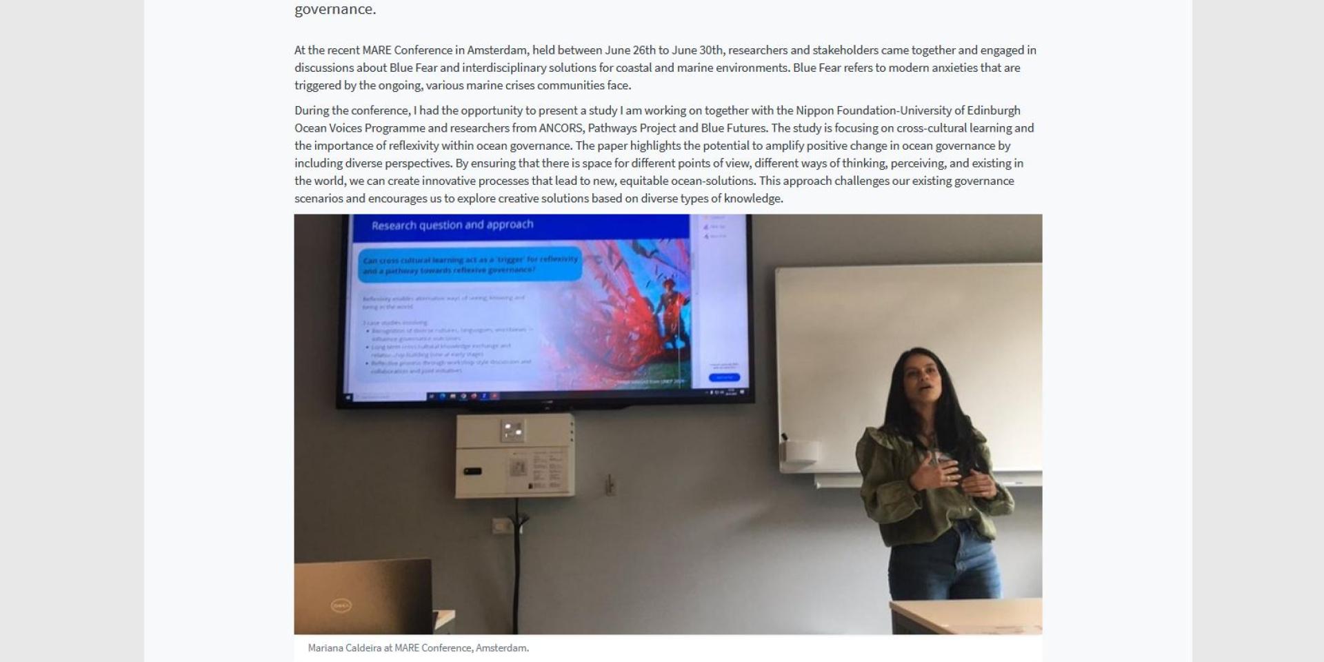 A screenshot of a news webpage with a summary, body text, an image of a woman giving a presentation at a conference, and links to the social media of her research area.