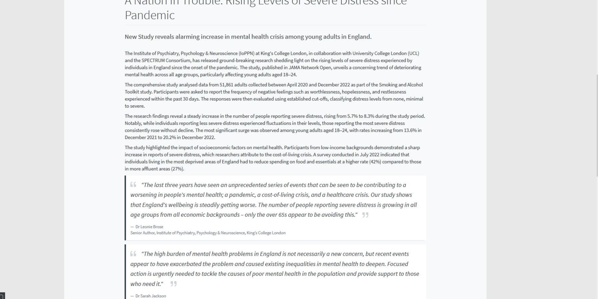 A screenshot of a news webpage with body text and two block quotes attributed to academics.