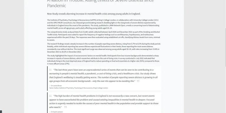 A screenshot of a news webpage with body text and two block quotes attributed to academics.