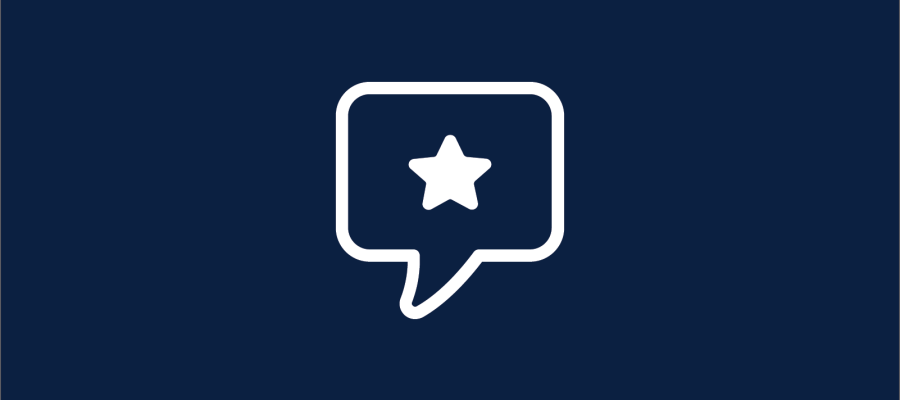 Navy background with a white graphic of a speech bubble outline with a white star inside.