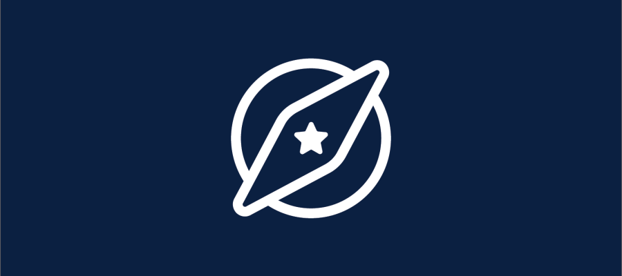 Navy background with a white graphic of a compass with a star in the centre.