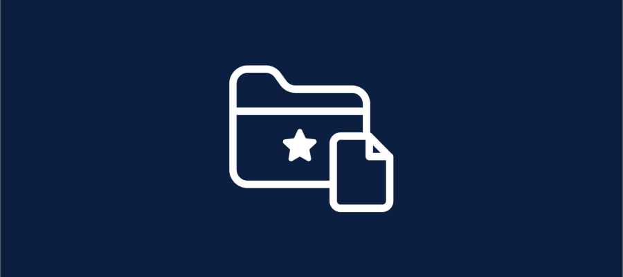 Navy background with a white graphic of an outline of a file icon with a star in the centre.