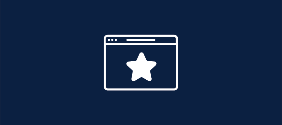 Navy background with a white graphic of the outline of a website and a white star inside.