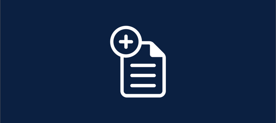 Navy background with a white graphic of an outline of a document icon with a plus sign on the top left of the graphic.