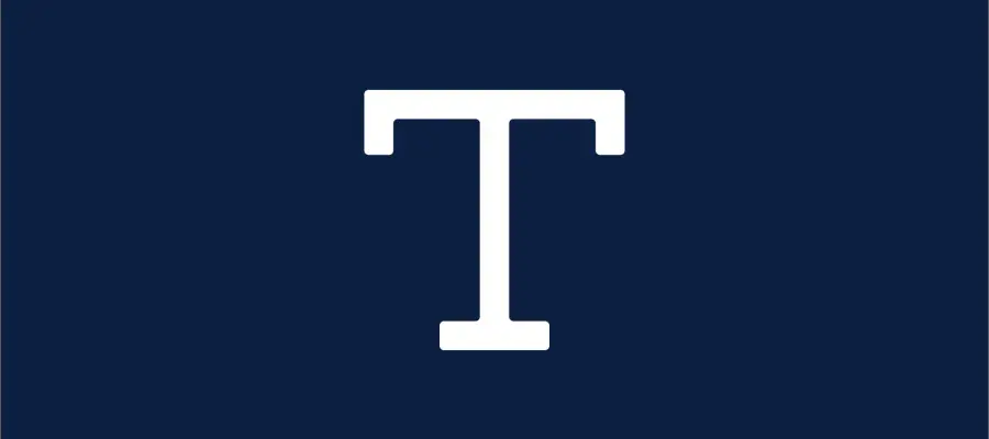 Navy background with white medium-weight letter 'T'.