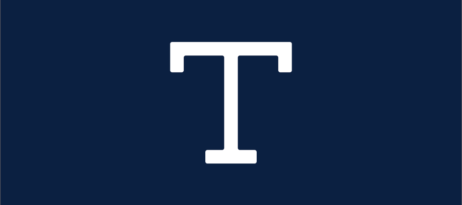 Navy background with white medium-weight letter 'T'.