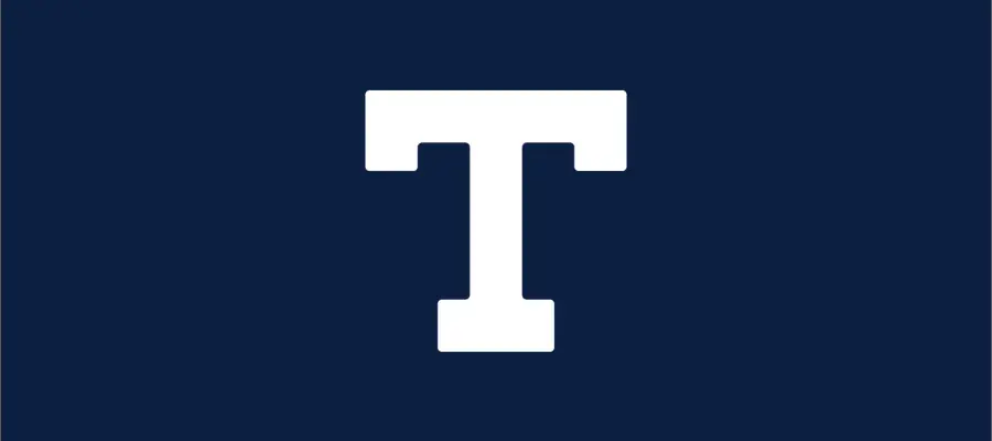 Navy background with a white heavy-weight letter 'T'