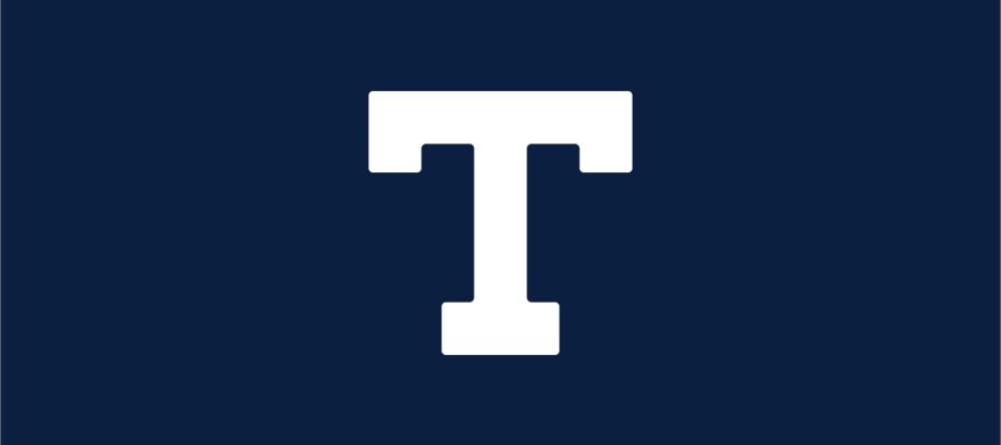 Navy background with a white heavy-weight letter 'T'