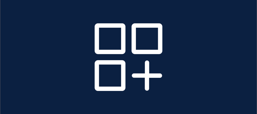 Navy background with a white graphic of 3 sqares in the top-left, top-right, bottom-left quadrant and a plus sign in the bottom-right quadrant.