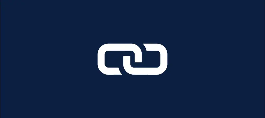 Navy background with  a white graphic of a link icon (two chains interlinking).