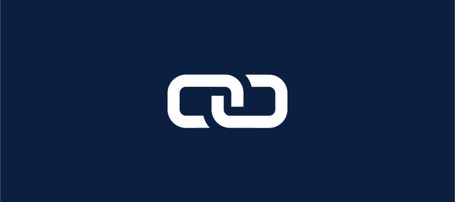 Navy background with  a white graphic of a link icon (two chains interlinking).