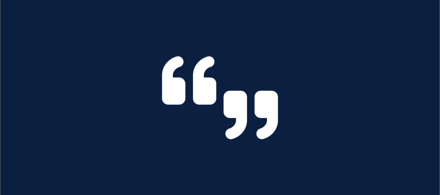 Navy background with a white graphic of two quotation marks.