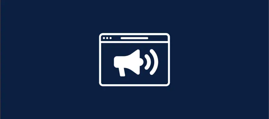 Navy background with a white graphic of a webpage outline and a white loudhaler in the centre.