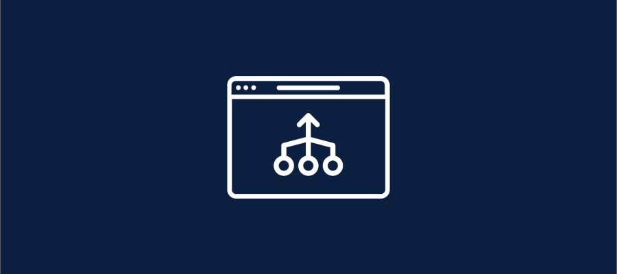 Navy background with a white graphic of a website outline and 3 circles merging into an arrow.