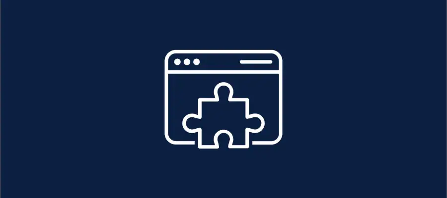 Navy background with a white graphic of the outline of a webpage and a puzzle overlayed the bottom half.