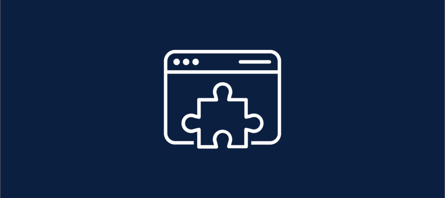Navy background with a white graphic of the outline of a webpage and a puzzle overlayed the bottom half.