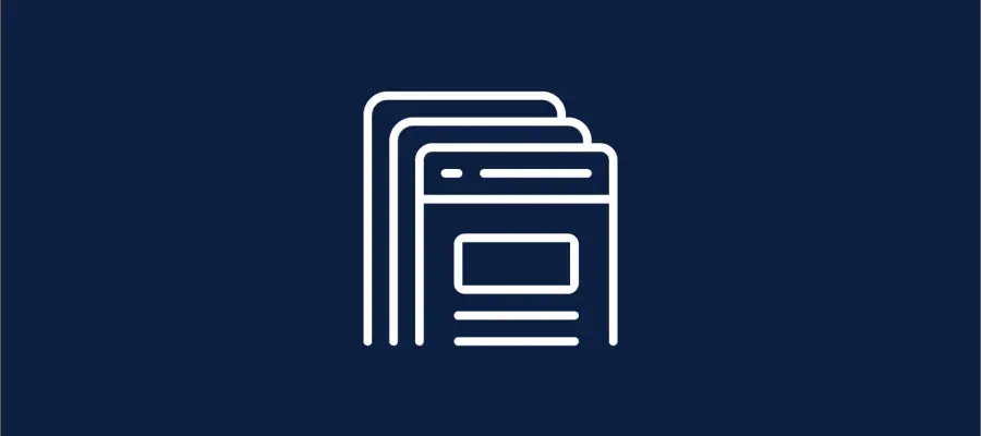 Navy backround with a white graphic of 3 overlaping webpages.