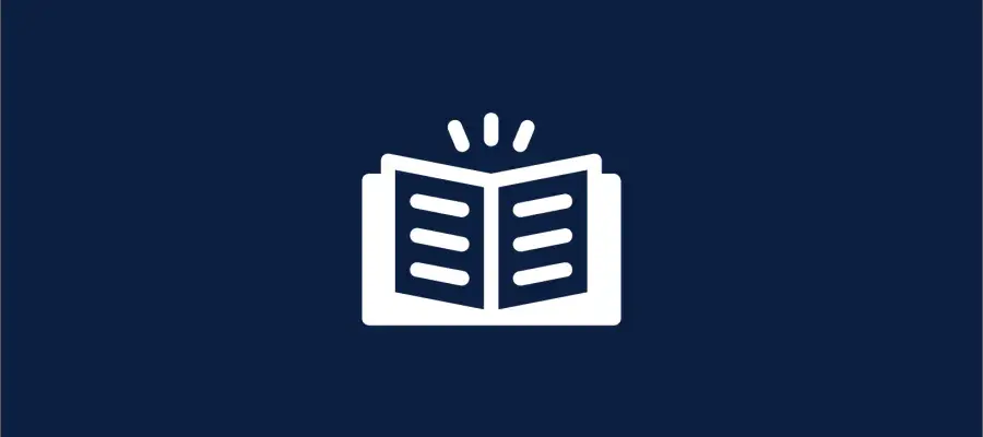 A navy background with a white graphic of a book with 3 floating lines pointing towards the centre fold of the book.