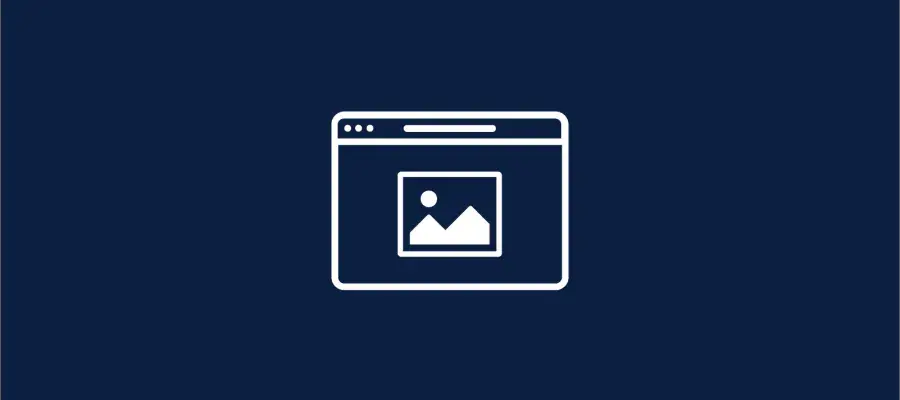 A navy background with a white graphic outline of a webpage with an icon of a image inside.