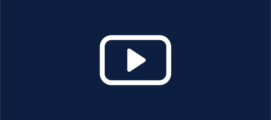 A white graphic icon of a play button on a navy background.