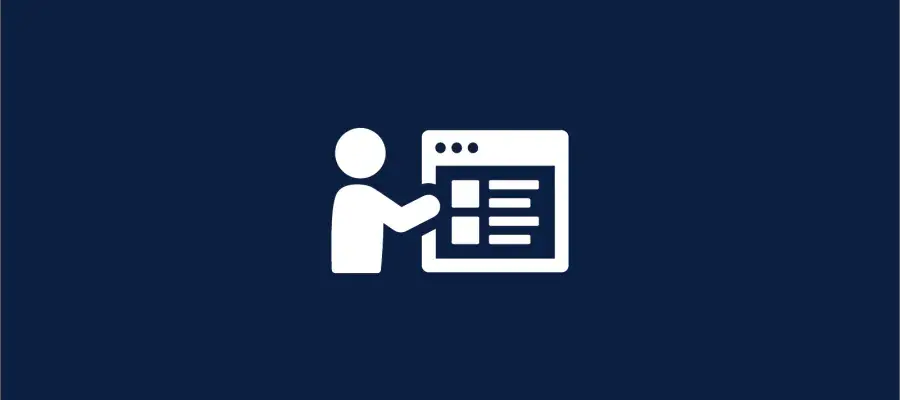 White graphic on navy background of person pointing at a website.