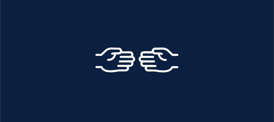 Navy background with a white graphic of two hand reaching for each other.