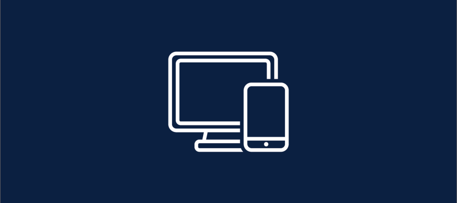 White graphic outlines of a computer and a phone on navy background.