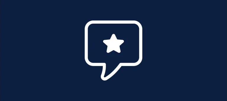 Navy background with a white graphic of a speech bubble outline with a white star inside.