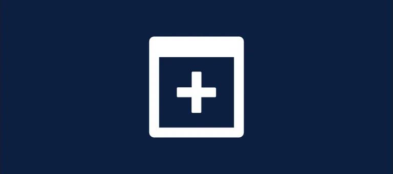 Navy background with a square outline with a plus sign inside.