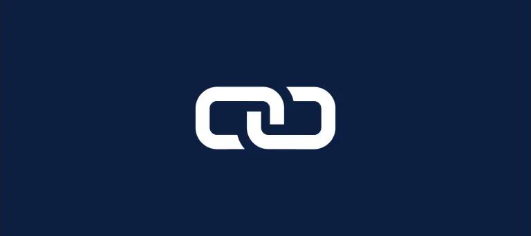 Navy background with  a white graphic of a link icon (two chains interlinking).