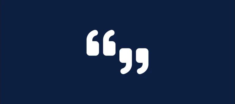 Navy background with a white graphic of two quotation marks.