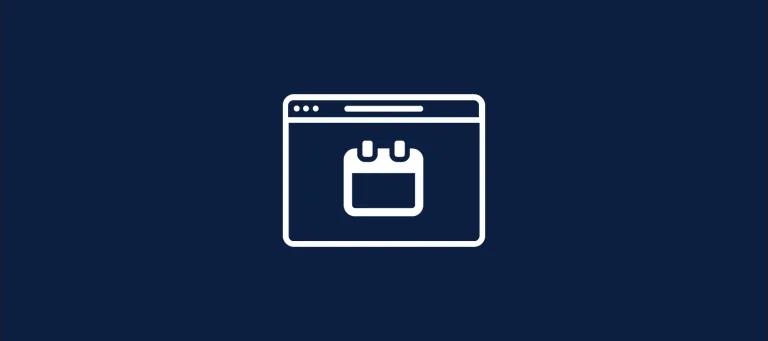 A navy background with a white graphic outline of a website with an icon of a calendar inside.