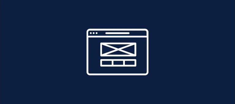 Navy background with a website outline with a large horizontal box and 3 smaller boxes beneath it.