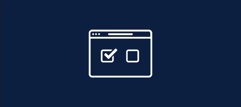 A white outline of a website with a checked and unchecked box inside on a navy background.