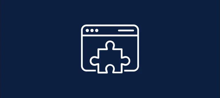 Navy background with a white graphic of the outline of a webpage and a puzzle overlayed the bottom half.