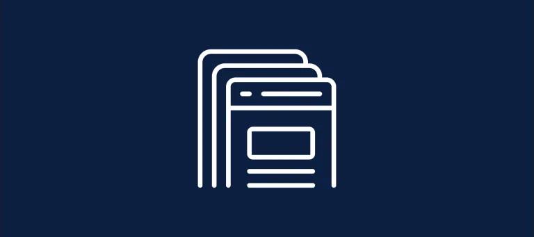 Navy backround with a white graphic of 3 overlaping webpages.