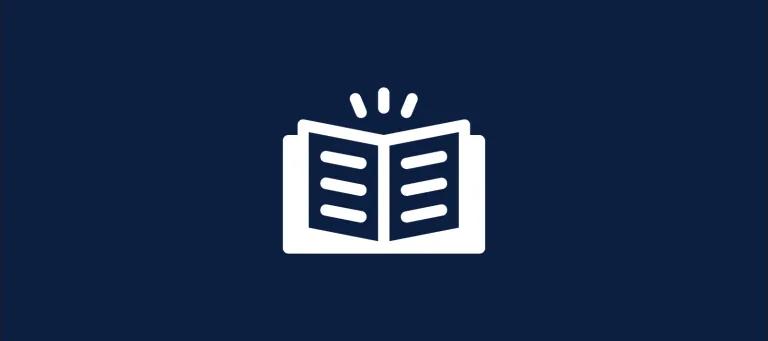 A navy background with a white graphic of a book with 3 floating lines pointing towards the centre fold of the book.