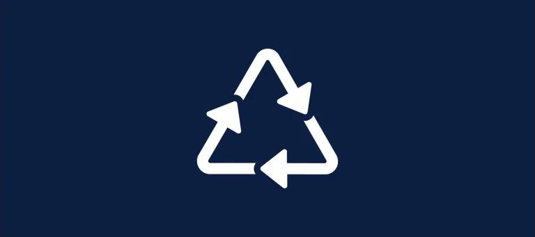 A white graphic of a reuse sign on a navy background.