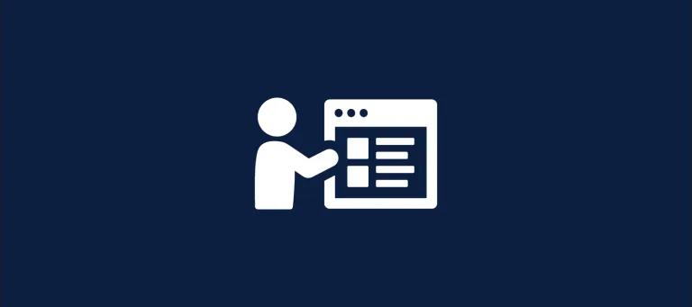 White graphic on navy background of person pointing at a website.